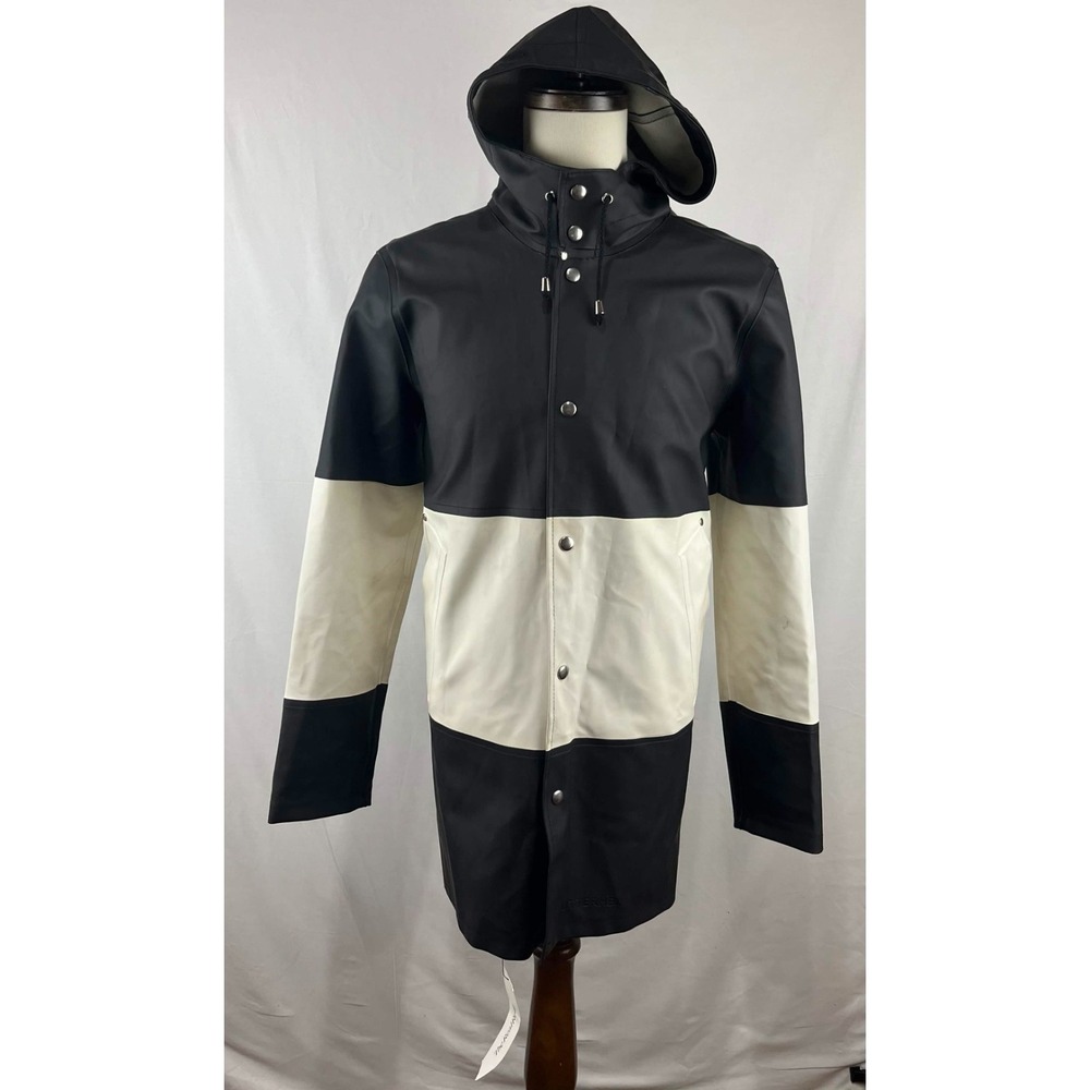 GUC Stutterheim Stockholm Raincoat Jacket Black White Rubberized Hooded Mens S